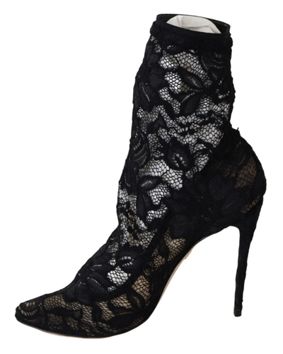 Shop Dolce & Gabbana Lace Taormina High Heel Boots Women's Shoes In Black