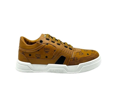 Shop Mcm Men's Visetos Leather Low Top Sneakers In Brown