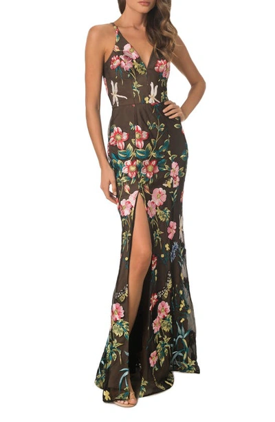Dress The Population Iris Black Floral Maxi Gown In Black Multi