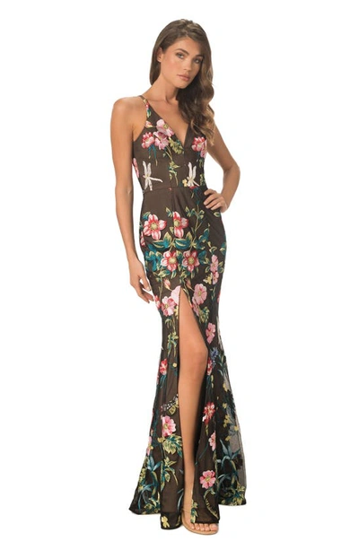 Dress The Population Iris Black Floral Maxi Gown In Black Multi
