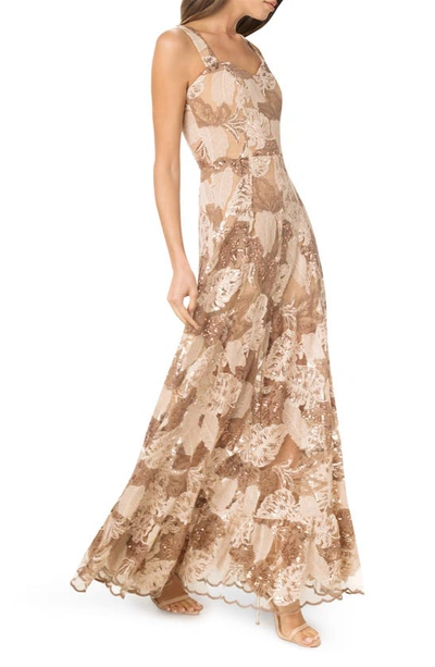 Shop Dress The Population Anabel Embroidered Sequin Sweetheart Neck Gown In Beige Multi