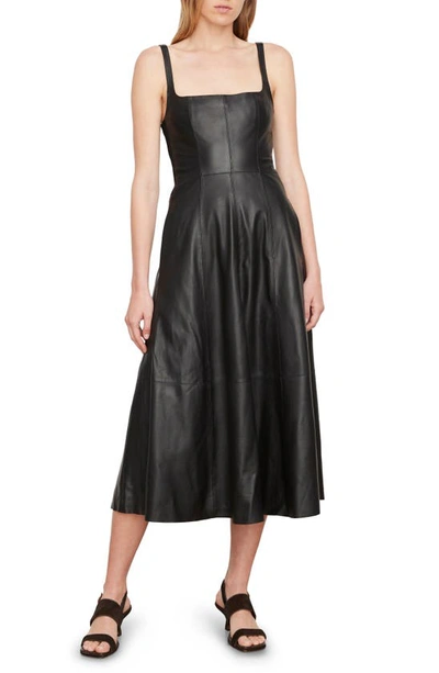 Shop Vince Square Neck Leather A-line Dress In Black