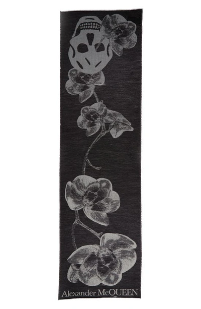 Shop Alexander Mcqueen Orchid Skull Jacquard Wool & Silk Scarf In 1078 Black/ Ivory
