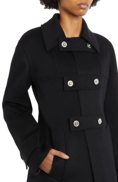 Shop Versace Double Button Strap Virgin Wool Blend Coat In 2bh10 Black Hot Pink