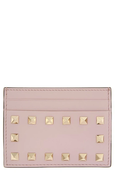Shop Valentino Rockstud Leather Card Holder In 6e0 Water Lilac