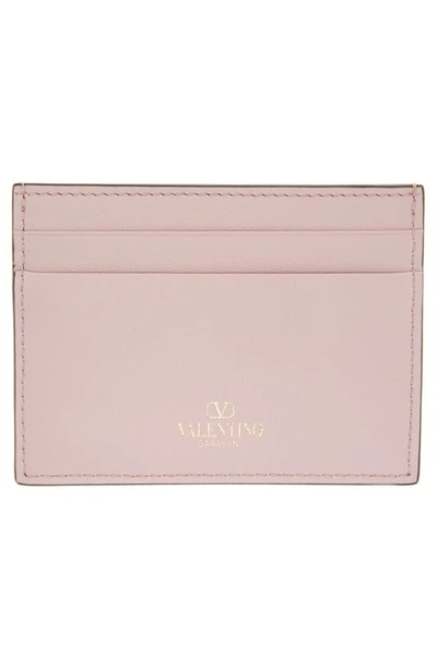 Shop Valentino Rockstud Leather Card Holder In 6e0 Water Lilac