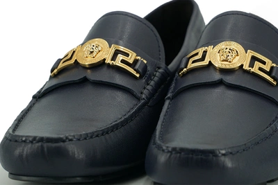 Shop Versace Navy Blue Calf Leather Loafers Men's Shoes