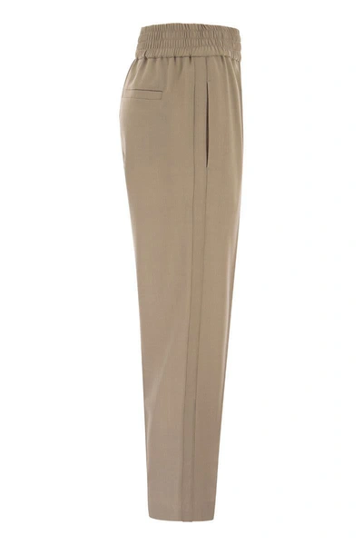 Shop Brunello Cucinelli Baggy Cigarette Trousers In Viscose Canvas And Virgin Wool In Beige