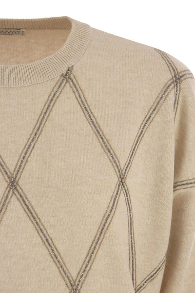 Shop Brunello Cucinelli Crew-neck Sweater In Virgin Wool, Cashmere And Silk In Sand