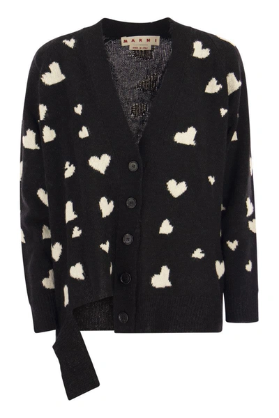 Shop Marni Long Wool Cardigan With Bunch Of Hearts Motif In Black