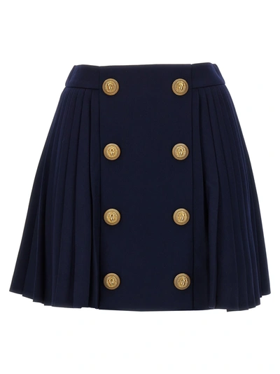 Shop Balmain Logo Button Pleated Skirt Skirts Blue