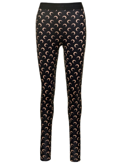 Shop Marine Serre Black Leggings With Branded Waistband And All-over Moonogram Print In Recycled Stretch Fabric Woman