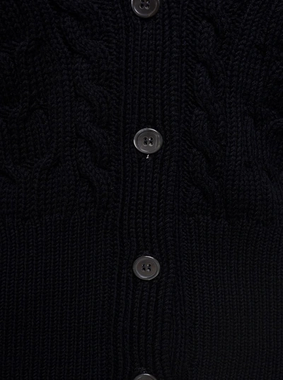 Shop Thom Browne Crisscross Cable Stitch 3/4 Sleeve V Neck Cardigan In Merino Wool W/ Rolled Cuffs And Rwb Tabs In Blu