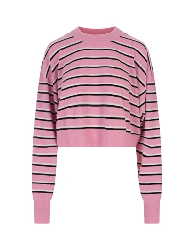 Shop Palm Angels Short Pink Sweater With Horizontal Stripes In Rosa