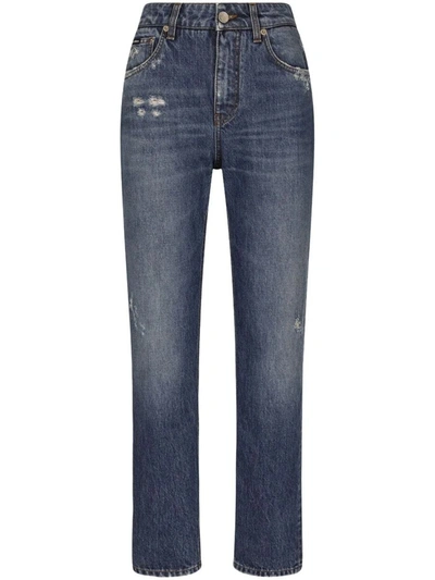 Shop Dolce & Gabbana Straight Jeans With Logo Plaque In Blue