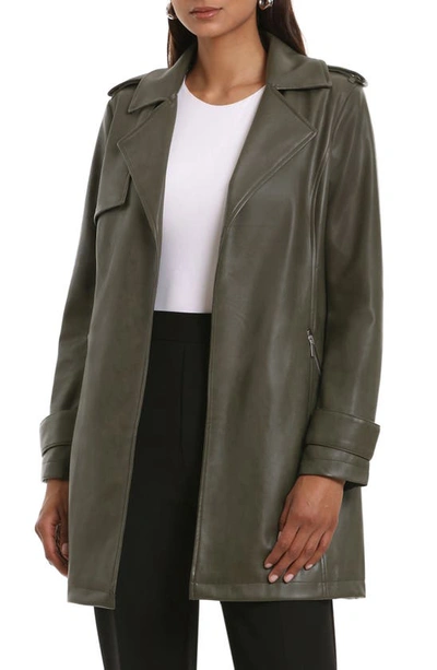 Shop Bagatelle Open Front Faux Leather Trench Coat In Bayleaf