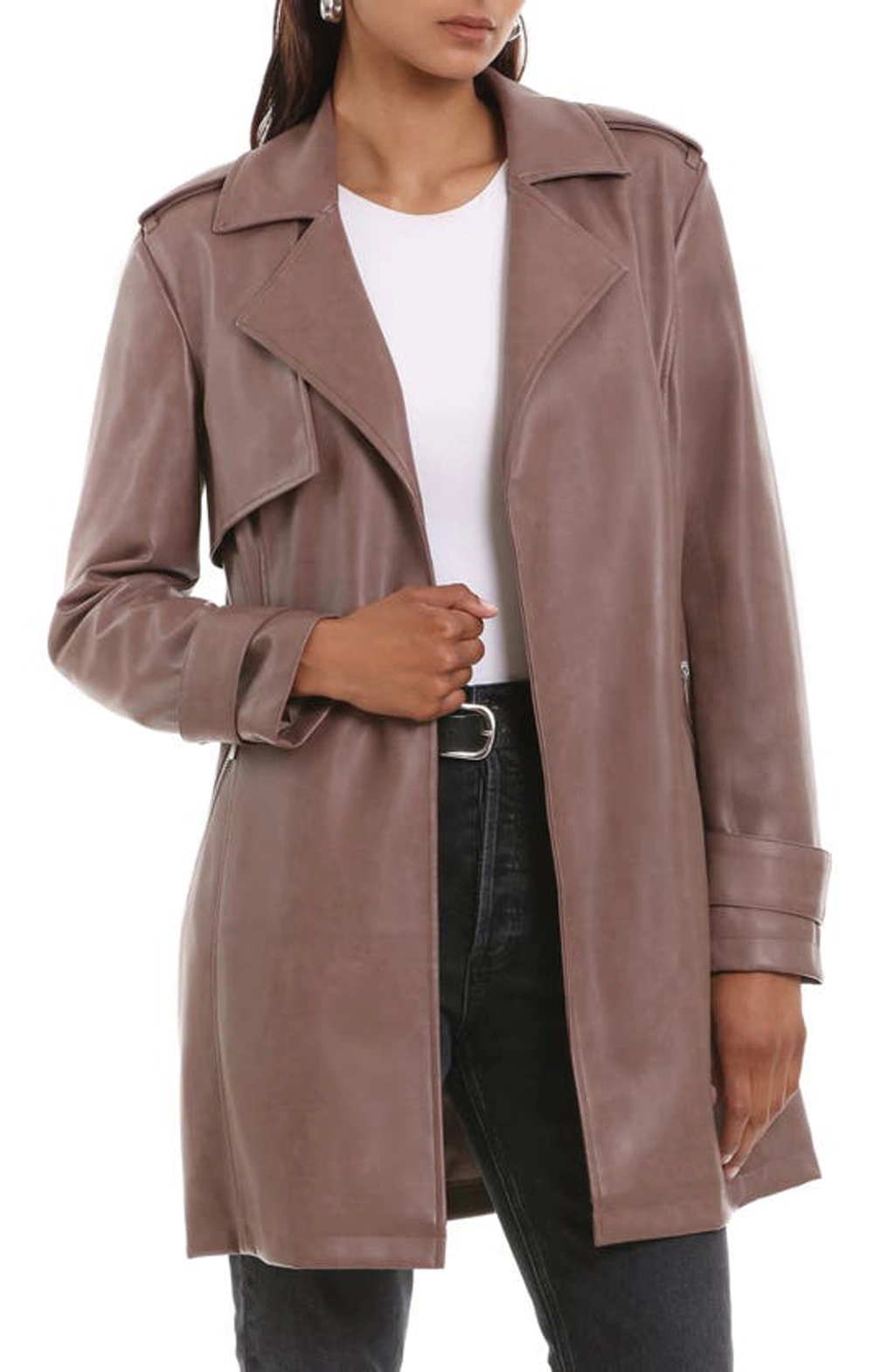 Bagatelle Open Front Faux Leather Trench Coat In Caribou ModeSens