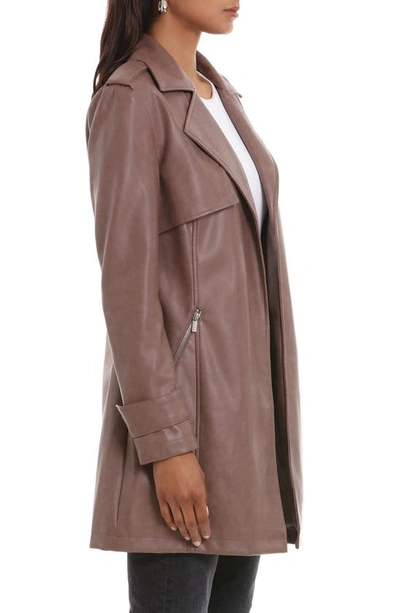 Shop Bagatelle Open Front Faux Leather Trench Coat In Caribou