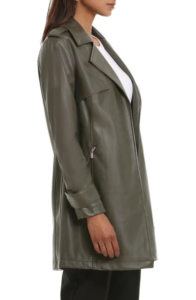 Shop Bagatelle Open Front Faux Leather Trench Coat In Bayleaf
