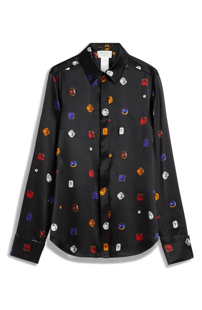 Shop Sportmax Jewel Print Stretch Silk Button-up Shirt In Black