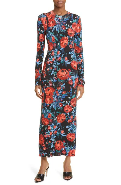 Shop Lela Rose Floral Long Sleeve Knit Dress In Black Multi