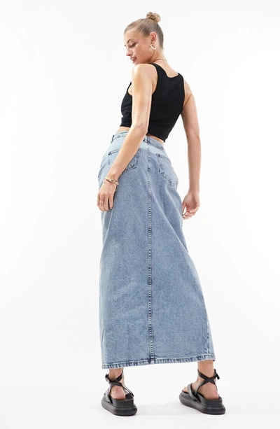 Shop Asos Design Denim Midi Skirt In Medium Blue
