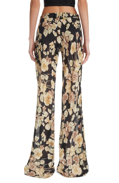 Shop Saint Laurent Floral Silk Georgette Flare Trousers In Noir/ Beige