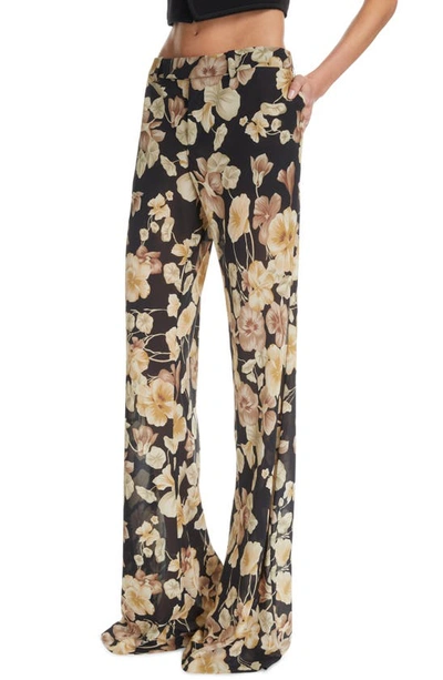 Shop Saint Laurent Floral Silk Georgette Flare Trousers In Noir/ Beige