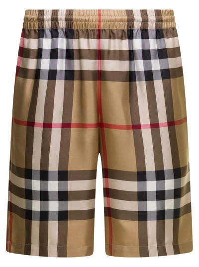 Shop Burberry Beige Check Bermuda Shorts In Silk Man