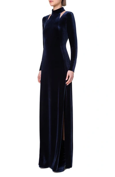 Shop Akris Cutout Detail Long Sleeve Stretch Velvet Gown In 079 Navy