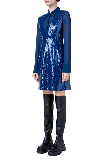 Shop Akris Sequin Long Sleeve Pinafore Dress In 077 Denim
