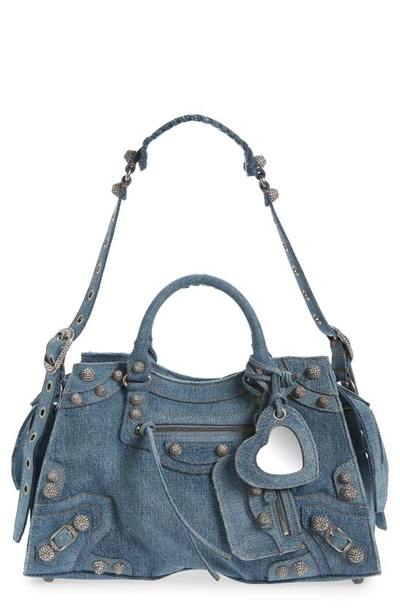 Shop Balenciaga Neo Cagole City Denim Shoulder Bag In Blue