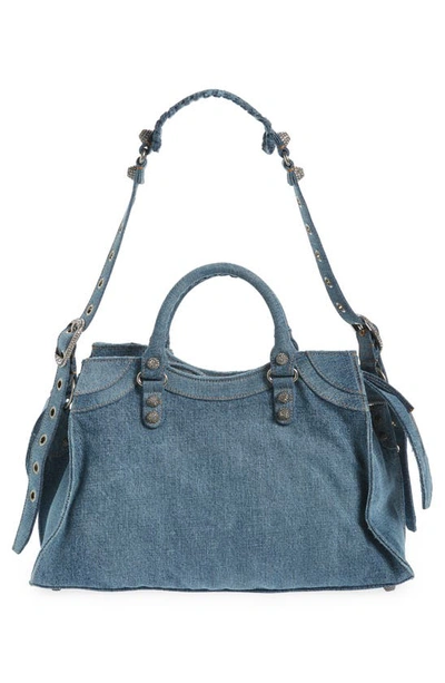 Shop Balenciaga Neo Cagole City Denim Shoulder Bag In Blue