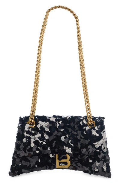 Shop Balenciaga Crush Sequin Chain Strap Shoulder Bag In Black