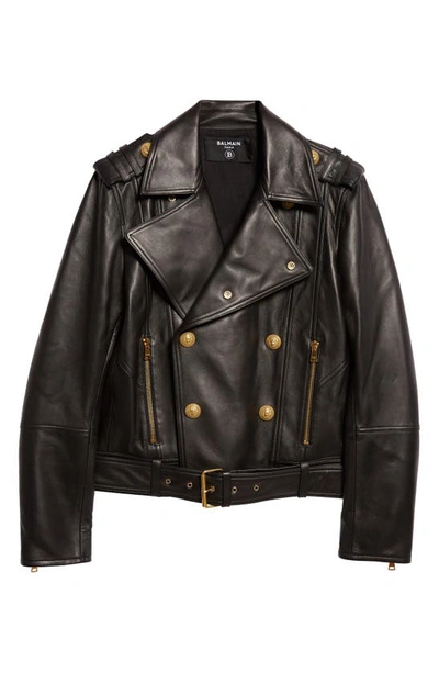 Shop Balmain Lambskin Leather Moto Jacket In 0pa - Black