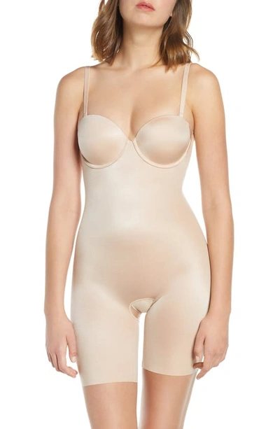 Shop Spanxr Suit Your Fancy Strapless Cupped Mid Thigh Bodysuit In Champagne Beige