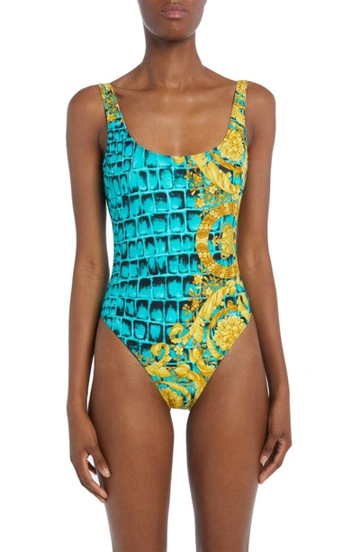 Shop Versace Baroccodile Print One-piece Swimsuit In Glacier Green Black Gold