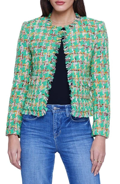 Shop L Agence Angelina Tweed Jacket In Green Mlti Houndstooth Tweed