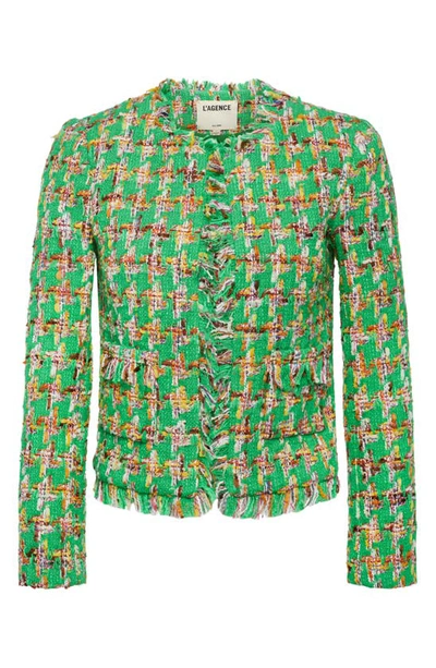 Shop L Agence Angelina Tweed Jacket In Green Mlti Houndstooth Tweed