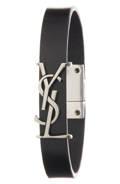 Shop Saint Laurent Ysl Insignia Leather Bracelet In Nero