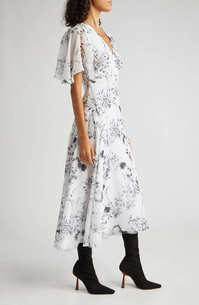 Shop Victoria Beckham Floaty Floral Print Godet Midi Dress In Floral Negative - White/ Black