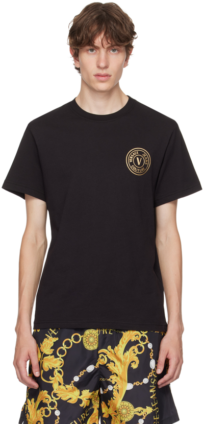 Shop Versace Jeans Couture Black V-emblem T-shirt In Add Black + Gold