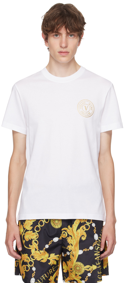 Shop Versace Jeans Couture White V-emblem T-shirt In Eg03 White + Gold