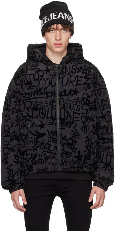 Shop Versace Jeans Couture Black Graffiti Down Jacket In E899 Black