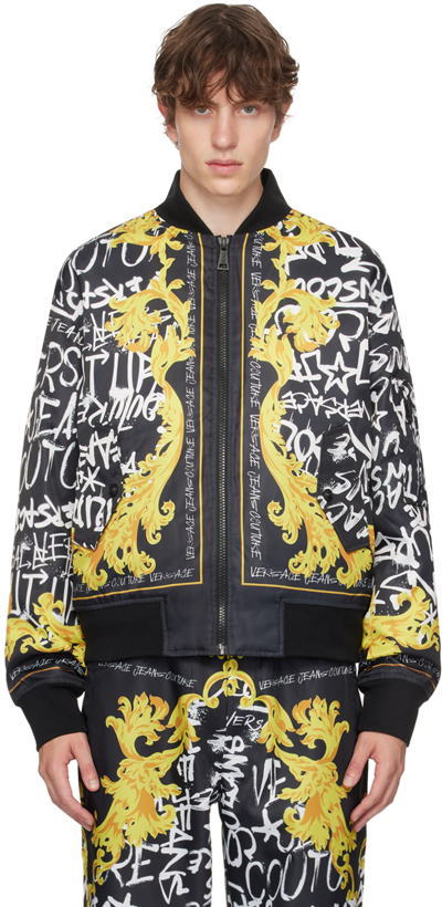 Shop Versace Jeans Couture Black Graffiti Bomber Jacket In Eg89 Black + Gold