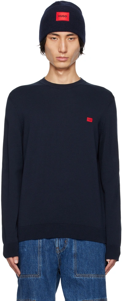 Shop Hugo Navy Crewneck Sweater In 410 - Navy