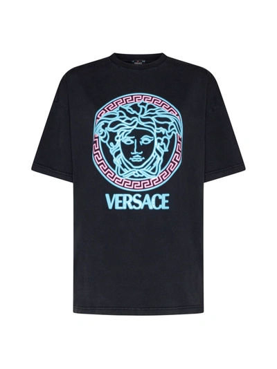 Shop Versace T-shirt In Blacblack+neon Azur+neon Pink