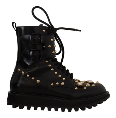 Shop Dolce & Gabbana Black Leather Crystal Embellished Boots Men's Shoes