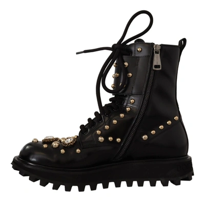 Shop Dolce & Gabbana Black Leather Crystal Embellished Boots Men's Shoes