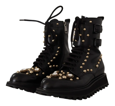 Shop Dolce & Gabbana Black Leather Crystal Embellished Boots Men's Shoes